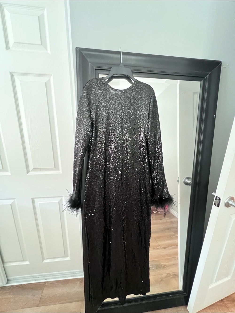 Black Sequin Long Sleeve Maxi Dress with Feather Cuffs